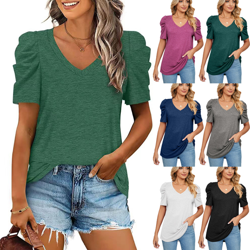 Amazon 2023 Europe and America Cross-border Foreign Trade Summer Solid Color V-neck Loose Pleated V-neck Short Sleeve T-shirt Top Women Amazon 2023 Europe and America Cross-border Foreign Trade Summer Solid Color V-neck Loose Pleated V-neck Short Sleeve T-shirt Top Women