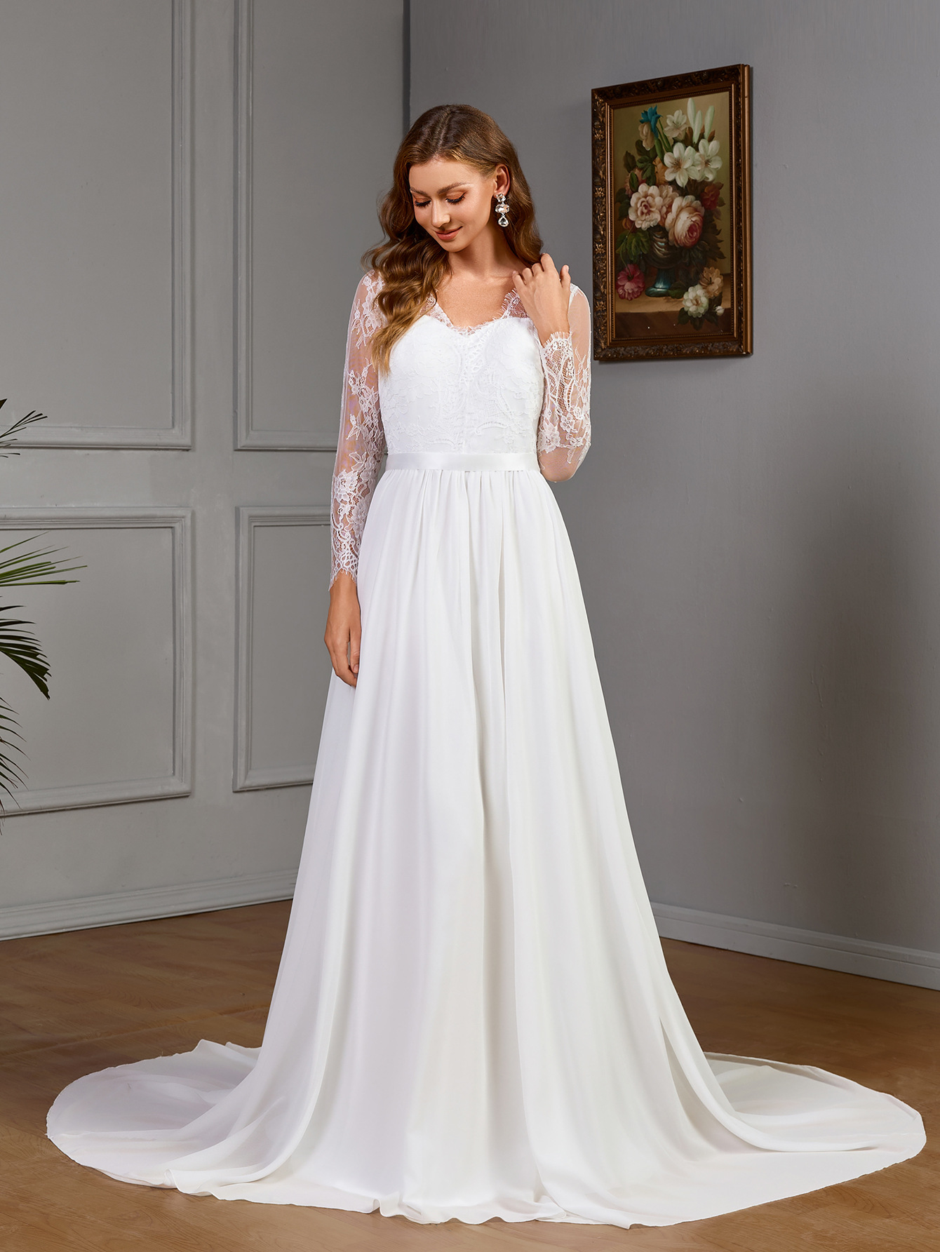 Comercio exterior europeo y americano nueva ropa de mujer Amazon encaje sexy vestido de boda de manga larga con un vestido de pecho de algodón blanco