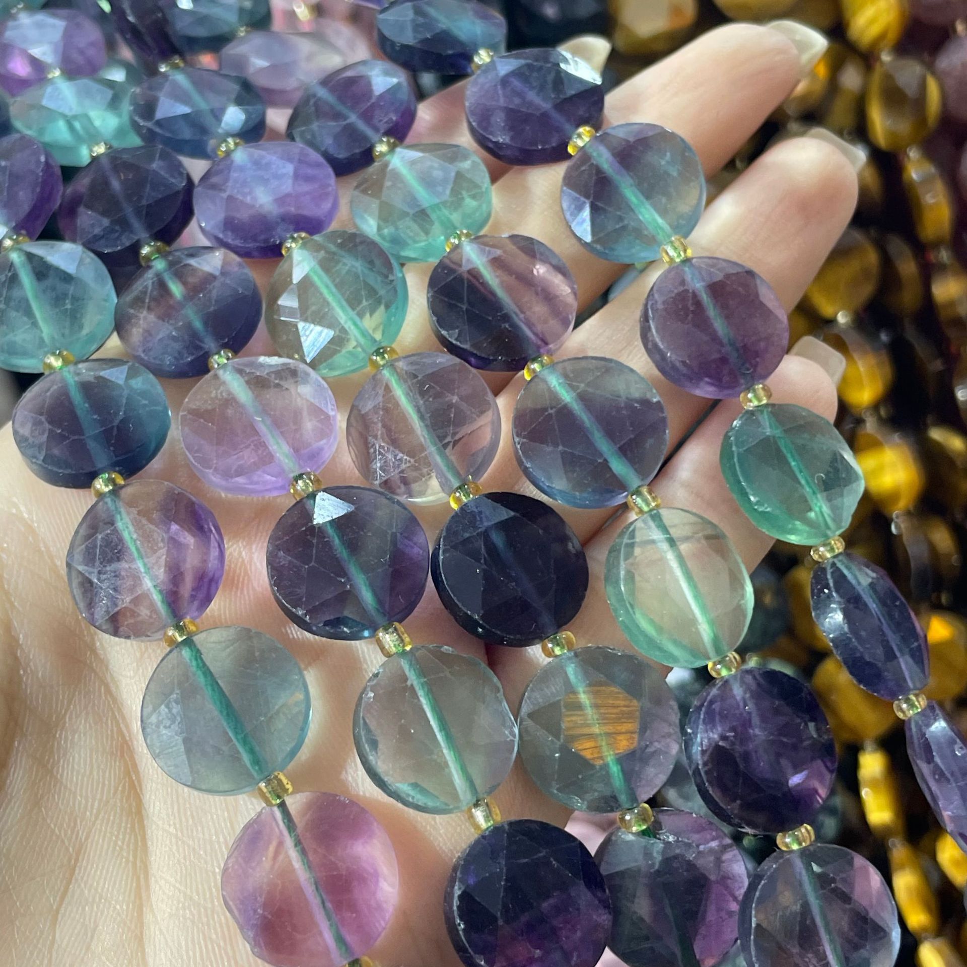 彩莹石 15MM 切面圆形扁珠 飞碟珠 天然半宝石DIY散珠 Beads