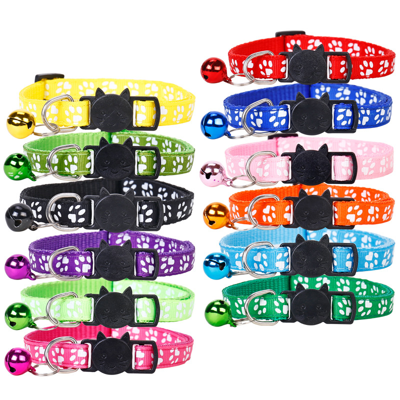 1.0 cat collar printing footprints webbing safety buckle cat head buckle collar color bell collar