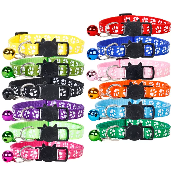 1.0 cat collar printing footprints webbing safety buckle cat head buckle collar color bell collar