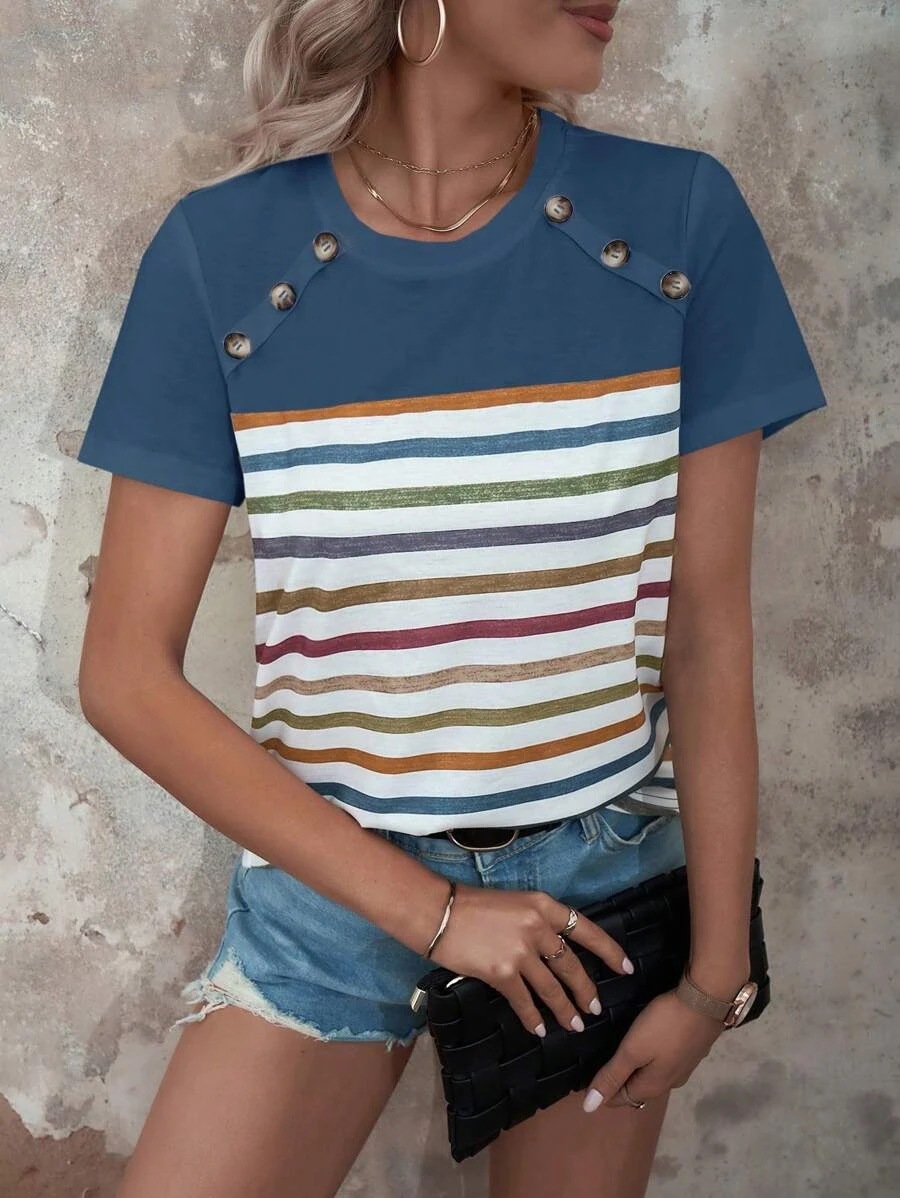 Blusa Casual de Verano para Mujer, Estilo Europeo y Americano, con Estampado de Rayas y Botones, Manga Corta, Nueva Colección 2026