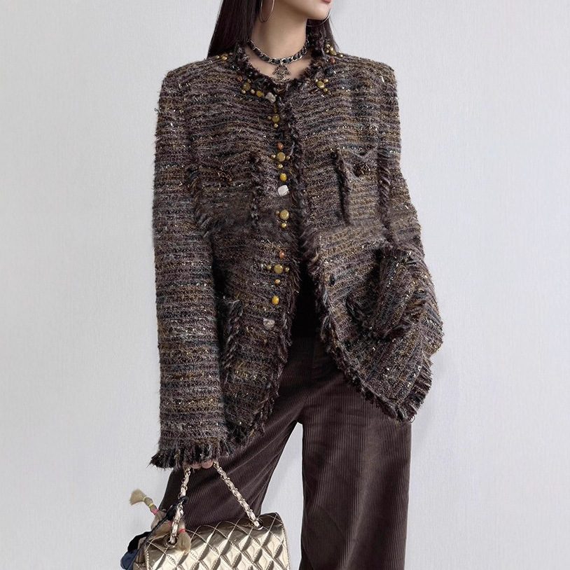 Black Gold Socialite Accessible Luxury French Tweed 2025 Autumn and Winter New Handmade Ceramic Bead-Edged Small Fragrance Jacket