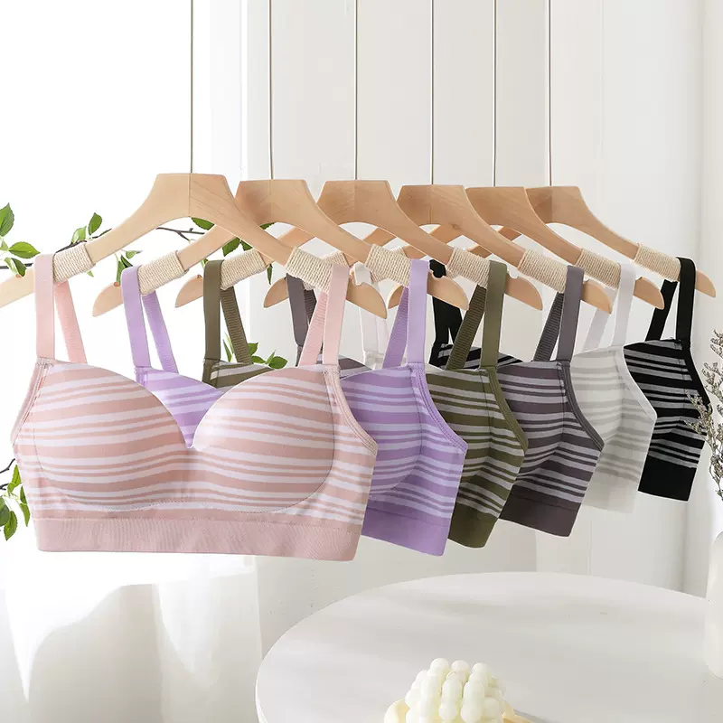 立体条纹无缝固定杯内衣聚拢支撑防下垂可调节背带舒适无钢圈胸罩