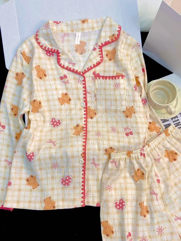 春秋睡衣女款带胸垫居家长袖云朵棉可爱大码女士家居服高级感套装|undefined