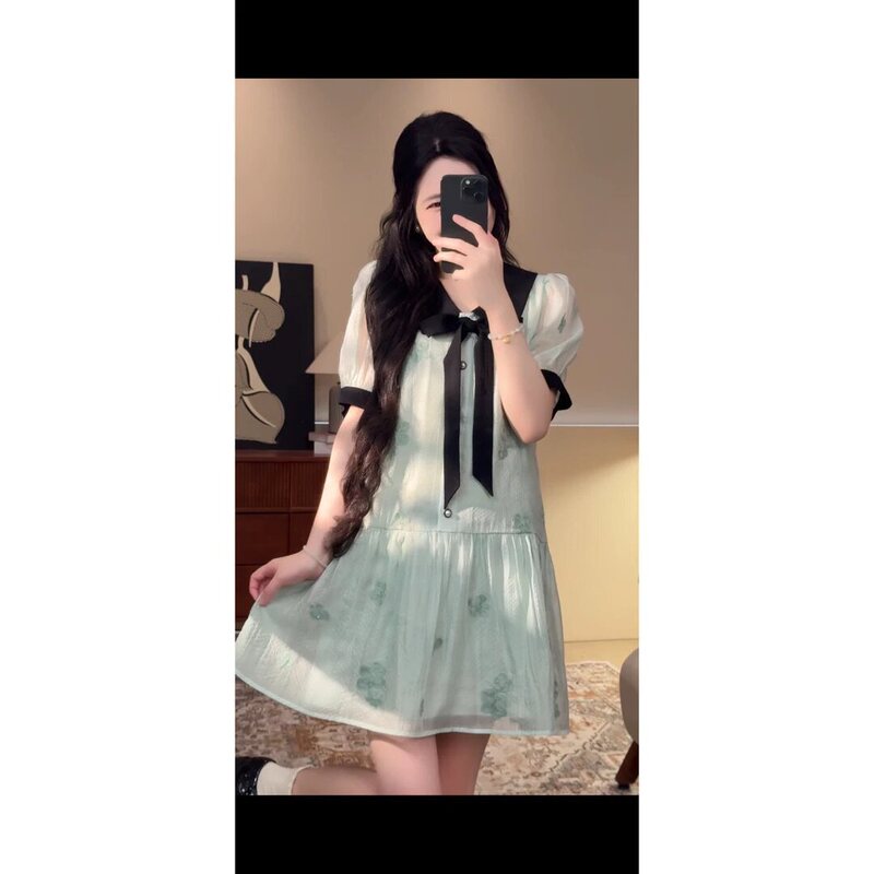 Dd【Forest Breath】Mid-Length Loose Mint Green Dress, Summer Trendy, Fresh and High-End Style, Slimming Outfit