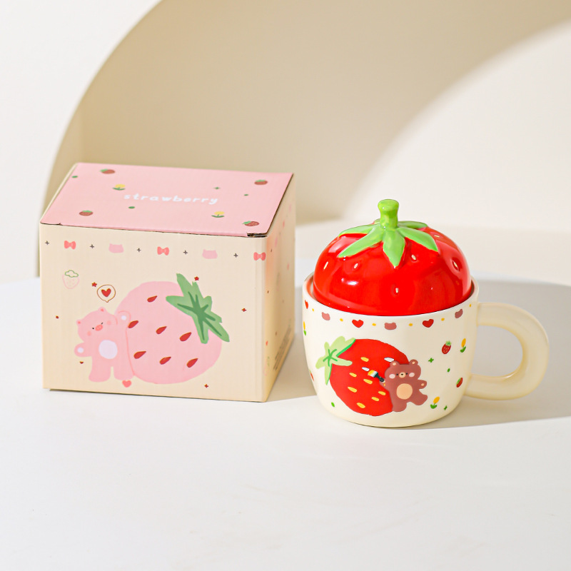 Taza de cerámica de oso de fresa con taza de regalo para chicas taza de marca doméstica de alto valor de pareja taza de desayuno de leche
