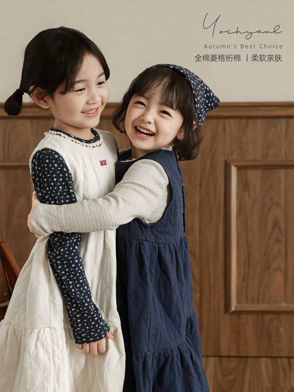 吾里卜一女童小淑女套装冬季保暖不臃肿菱格绗棉背心裙针织打底衫|undefined
