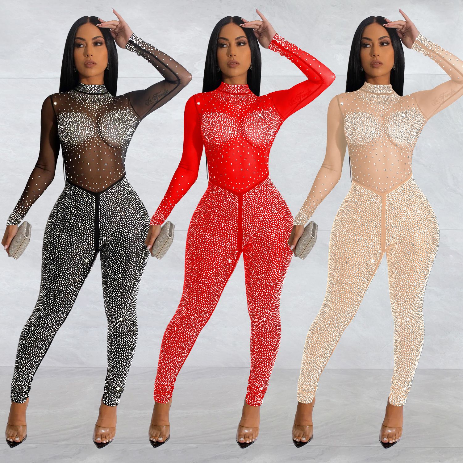 C6203 transfronterizo AliExpress Amazon moda europea y americana de las mujeres de color sólido de malla rhinestone pantalones de manga larga mono