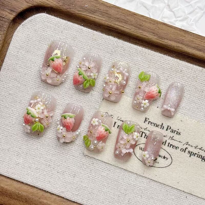 Pink Strawberry Three-Dimensional Relief Short-Cut Almond Handmade Nail Art Boutique High-End Wholesale Pure Handmade Wearable Nail Art Pink Strawberry Three-Dimensional Relief Short-Cut Almond Handmade Nail Art Boutique High-End Wholesale Pure Handmade Wearable Nail Art