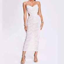 独立站设计重工欧美时尚钉珠透视吊带裙女生派对晚礼服新款现货