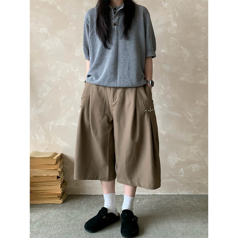 Japanese Retro Casual Drapey Airplane Buckle Cropped Pants for Men and Women, New Summer Style, Loose Casual Versatile Slimming Dress Pants