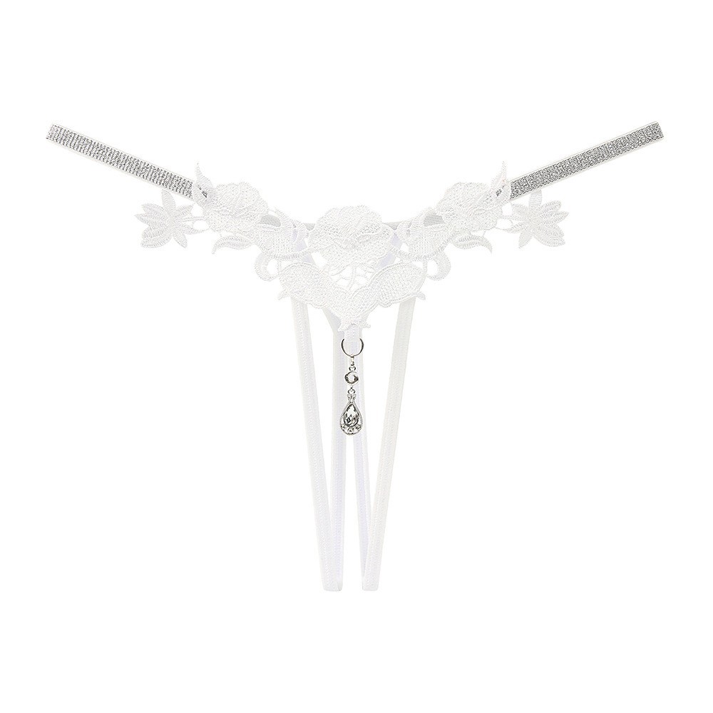 Women’s Rhinestone Open-File Thong in Wine Red, Hollow Embroidered Nylon, One Size — detail image 11
