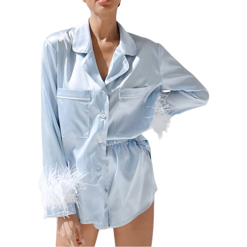 Traje de pijama de mujer europea y americana traje transfronterizo Primavera pluma ropa de hogar francesa Amazon camisa de Mujer Pantalones cortos traje de dos piezas