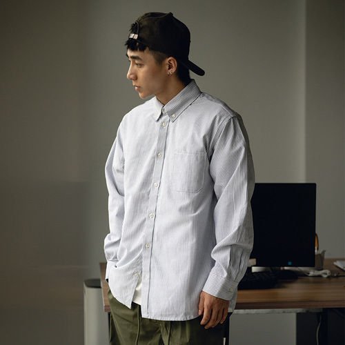 TRS Men's|24SS Japanese Workwear Oxford Fabric Distressed Wash Overshouldered Collar Shirt for Men and Women Long Sleeve Shirt