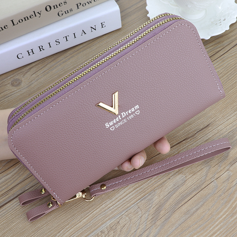 Nueva cartera de las mujeres de la moda de doble capa de la cremallera larga embrague lychee patrón de teléfono móvil bolsa gruesa multi-tarjeta de gran capacidad