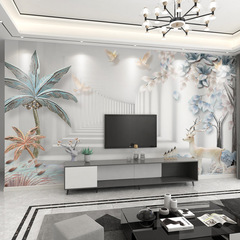 壁纸3D立体现代北欧麋鹿电视背景墙壁布客厅墙纸影视墙布壁画