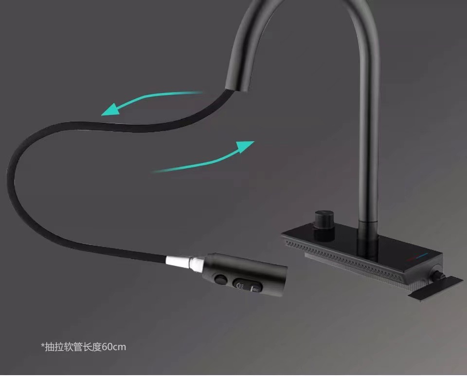 The kitchen is equipped with a universal all-copper digital display hot and cold sink faucet that can be pulled out like a flying rain waterfall undefined