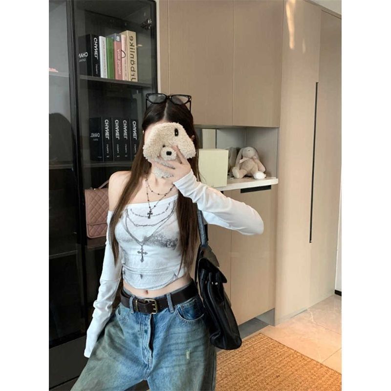 American Retro Sexy Hot Girl Style Off-Shoulder Long-Sleeved T-Shirt for Women, New Spring Style Slim Fit Short Top
