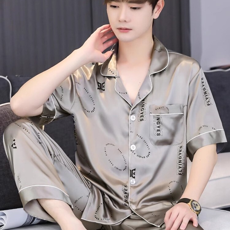 Pajamas Men's Ice Silk Short Sleeve Summer Thin Spring and Autumn Men's Silk Home Clothing Set 2025 New Style