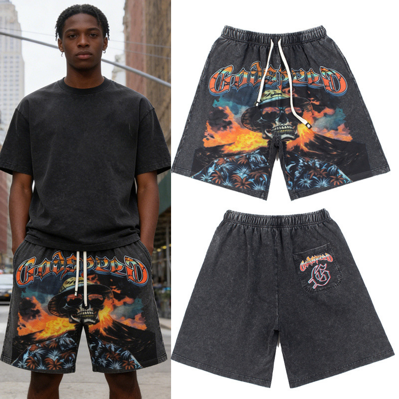 Godspeed Volcano Skull Print Loose Washed Vintage Distressed High Street Casual Shorts Loose Five-Point Sweatpants
