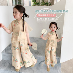 女童 清涼短褲長褲套裝 國風 闊腿褲套裝 夏款透氣套裝