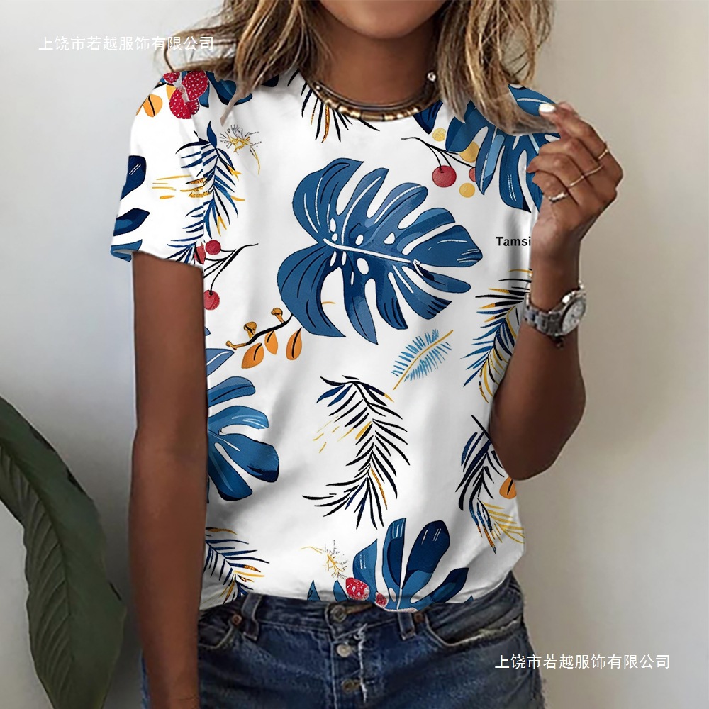 2025年欧美流行女士圆领T恤新款休闲风春夏季3D效果图案中长款