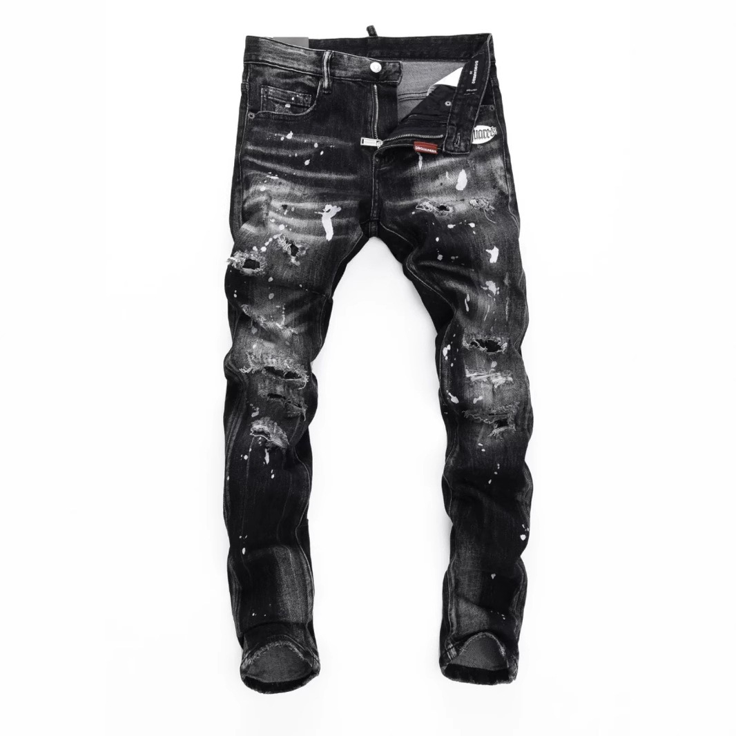 European American Trendy Brand New Black and Gray Washed Scratched Patch Paint Graffiti Stretch Slim Jeans for Men