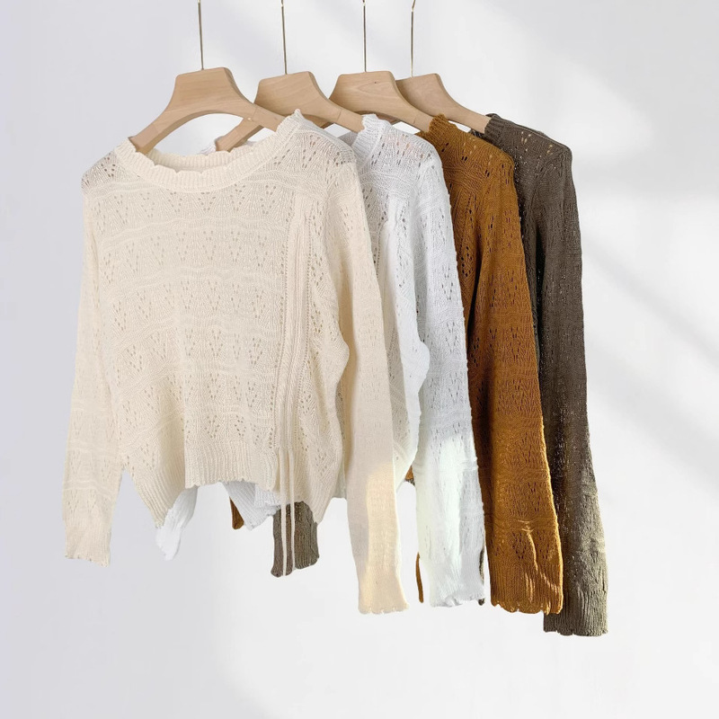 Super Soft Skin Friendly Spring Hollow Out Blouse Sweet Artistic Loose Long Sleeve Short Top Drawstring Sweater for Women