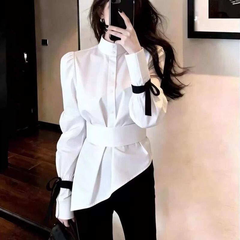 High-End Semi-Turtleneck Long-Sleeved Shirt for Women, New Spring Style, Irregular, Light Luxury, Slim-Fitting, Versatile and Elegant Top High-End Semi-Turtleneck Long-Sleeved Shirt for Women, New Spring Style, Irregular, Light Luxury, Slim-Fitting, Versatile and Elegant Top