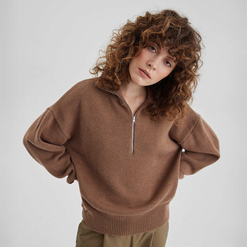 Transfronterizos de cuello medio cremallera suéter de cabeza mujer Europa y los Estados Unidos otoño y invierno 2025 nuevo suelto camiseta de punto perezosa camiseta superior