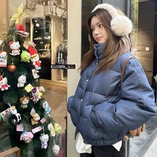 原宿风立领保暖聚酯棉服女冬季面包服加厚保暖牛仔蓝小棉袄外套