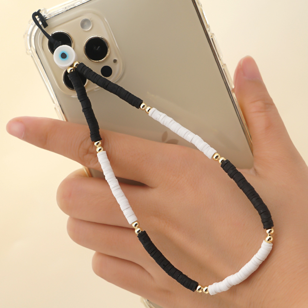 Black White Color Matching Soft Ceramic Handmade Beaded Mobile Phone Chain display picture 1