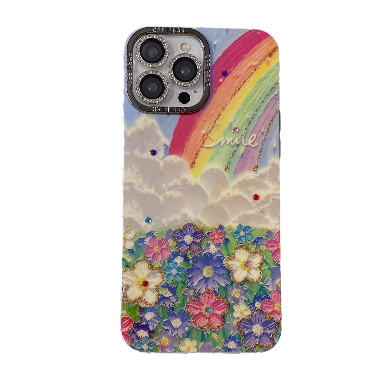 Funda de teléfono con diseño de mar de flores arcoíris y pintura al óleo, con diamantes brillantes, para iPhone 17 Pro Max, 16, Apple 15, 13, de lujo, antigolpes y protectora.
