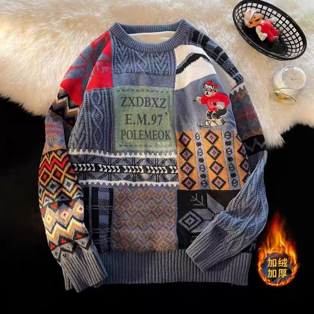 2024 otoño y invierno Harajuku estilo de color medio cuello camiseta de punto hombre marca de moda retro suéter de pareja flojo