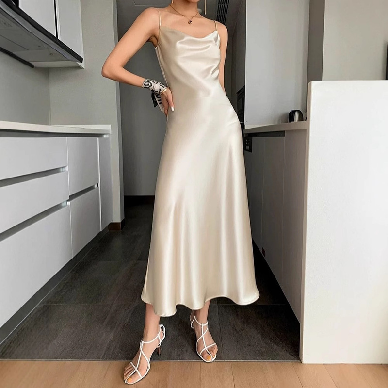 High-End Triacetate Silks and Satins Dress Purple 45-Degree Bias-Cut Swing Collar Adjustable Pure Color Suspender Long Skirt