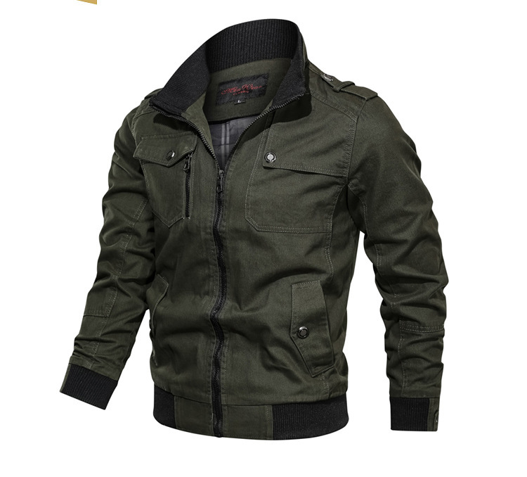 Casual Solid Color Jacket Zipper Pocket Stand up Collar Large Coat Men's Pure Cotton Thin Autumn Top_voghion.com