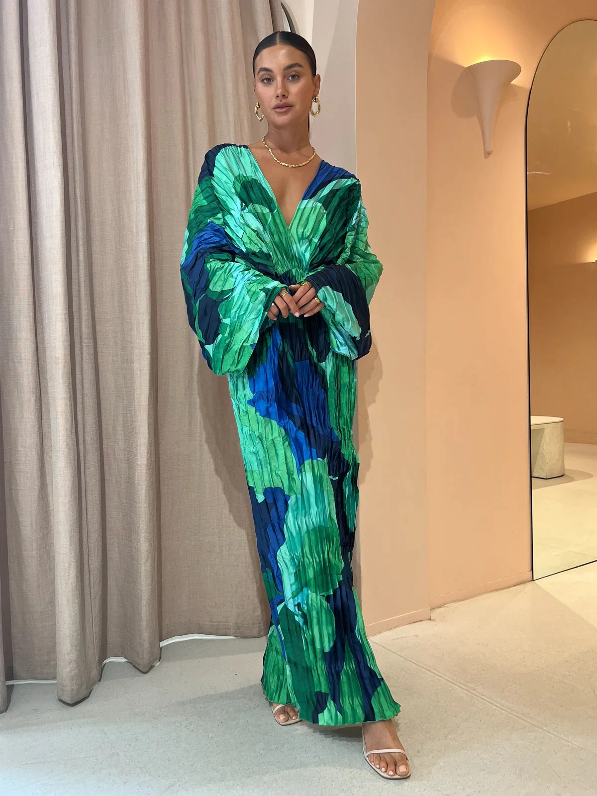 Women's Regular Dress Casual V Neck Slit Zipper Backless 3/4 Length Sleeve Printing Maxi Long Dress Holiday Travel display picture 2