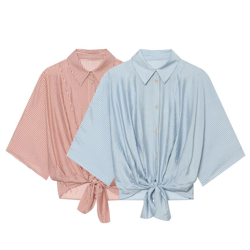 Taop&Za Women's Clothing 2026 Summer New Style Versatile Lapel Short-Sleeved Striped Shirt with Knot Decoration 7969224