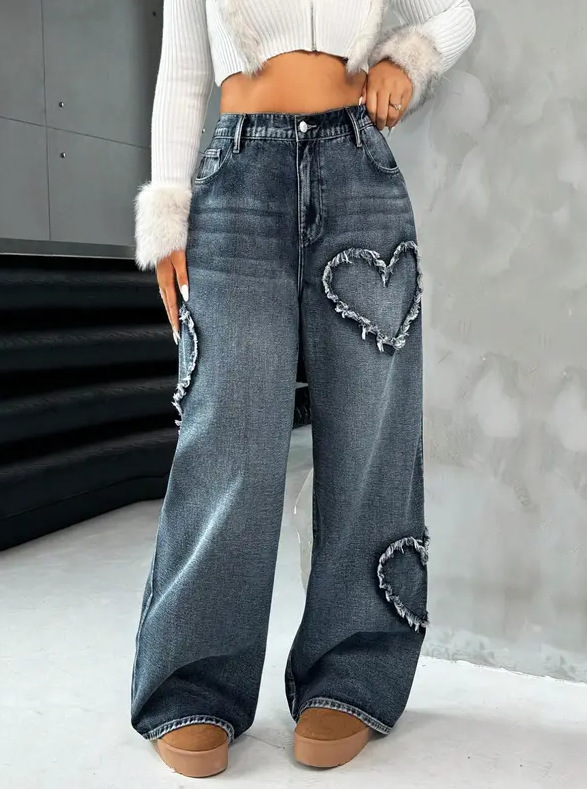 European And American Cross-Border Street Retro Heart Frayed Edge Patchwork Heavy Washed Denim Women's Loose Straight_ecoleips.com