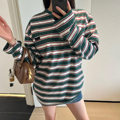 MM男女同型縞丸襟tシャツ布ポケットジャカード文字早秋カップル日焼け止め長袖打底