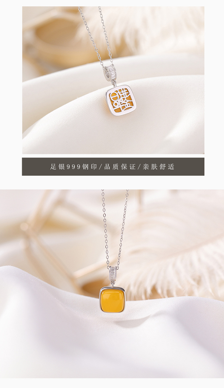 Mặt dây chuyền bạc S925 mạ vàng hình vuông sáp ong phong cách hình học đơn giản — Kiểu bạc (không có dây chuyền) chi tiết 7