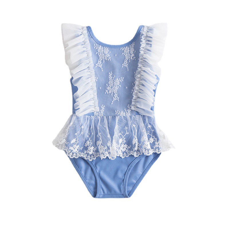2022 verano nuevo traje de baño para niños traje de baño de una pieza sin respaldo para niñas estilo coreano traje de baño de encaje con volantes traje de baño
