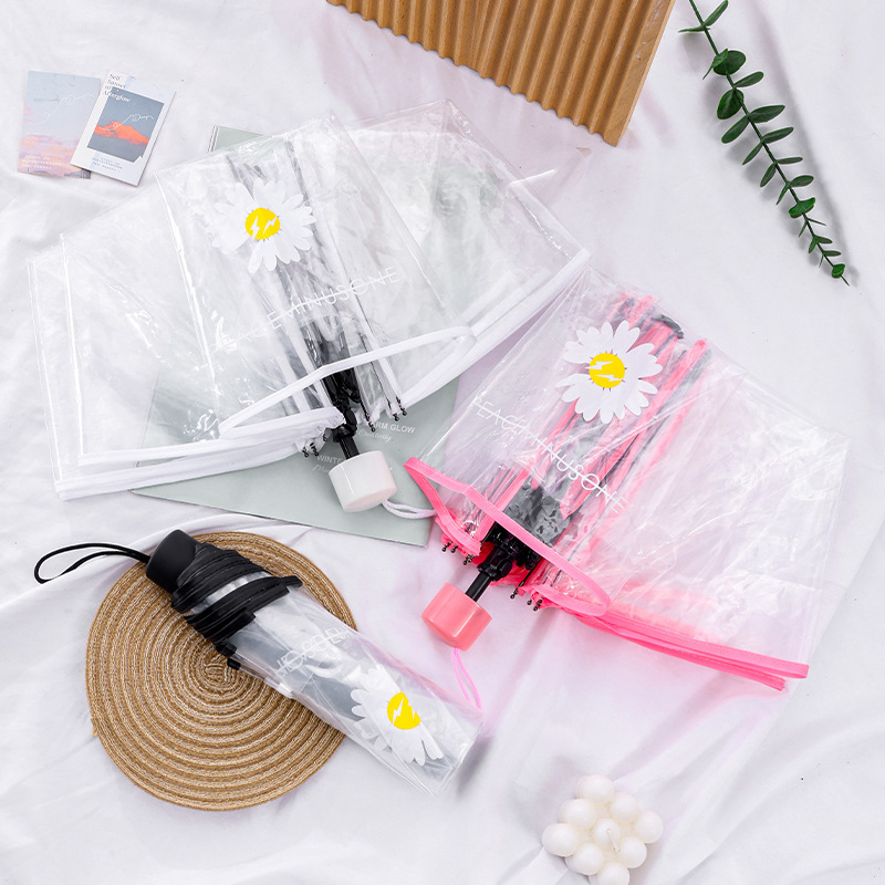 Sakura Transparent Goddess Soft Girl Three-Fold Folding Umbrella Automatic Umbrella Girly Heart Ins Style Umbrella Manufacturer In-Stock Wholesale