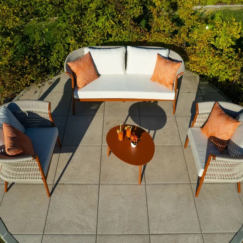 Casual sofá al aire libre tejido de cuerda de cáñamo mesa de té sofá patio al aire libre impermeable moderno sofá mesa de té