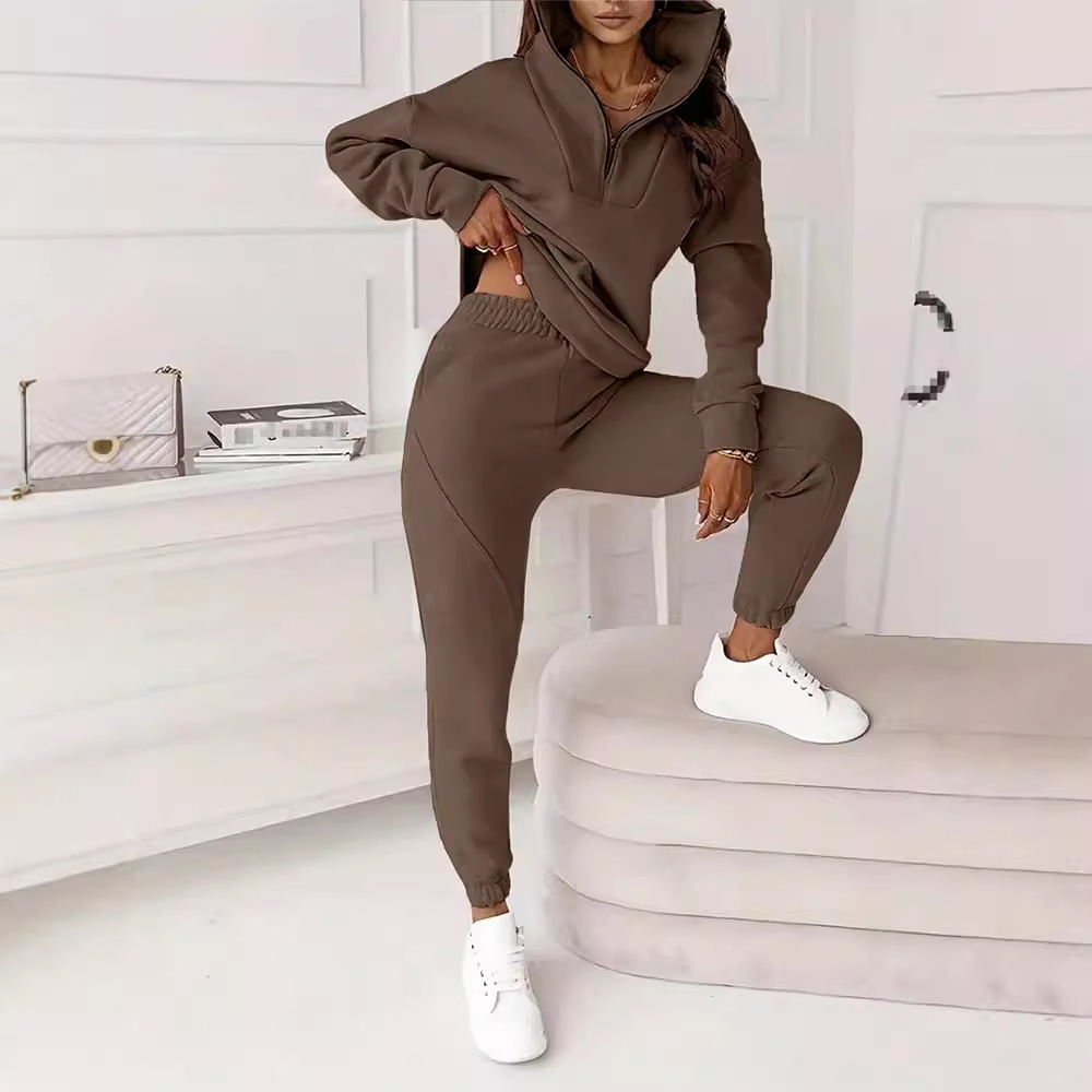 Dameskleding Mode Effen Kleur Forens Casual Staande Kraag Trui Broek Set Tweedelige Set_voghion.com