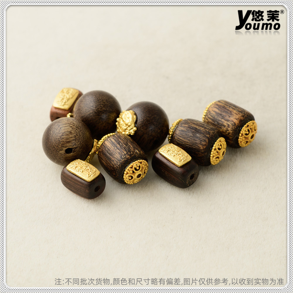 木头镶嵌金属片黄财神圆珠隔珠 配饰串珠diy配件散珠大直径尺寸