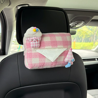 Back Hanging Paper Box Car Car tissue box/set - pink-ice-cream-pink-umbrella-plaid-tissue-draw-pink