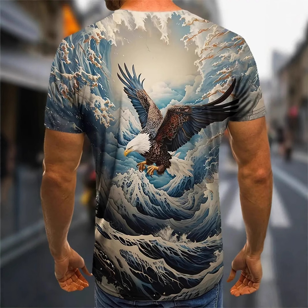 Tengyun Cross Sea Eagle 3D Printed Personalidad de verano para hombre Calle suelta y transpirable de manga corta con cuello redondo camiseta