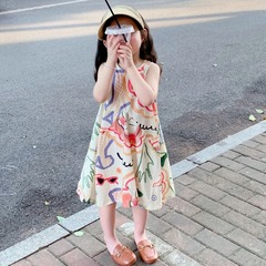 Children's Summer 2024 Korean Style, Girls' Art Doodle Print Sleeveless Backless Dress, Baby Fresh and Clean Dress